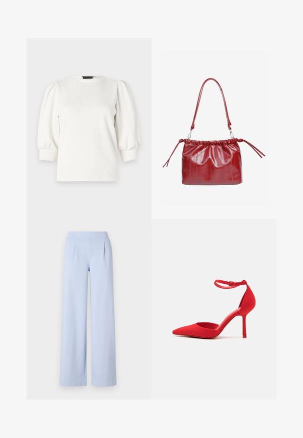 Pull blanc avec des manches courtes bouffantes, encolure ronde et texture douce. Présente des poignets côtelés et un ourlet légèrement court.; Pantalons larges bleu clair en tissu doux avec une texture lisse, dotés d'une large ceinture et de plis subtils à l'avant.; Escarpin rouge à talon aigu, avec un bout pointu, une sangle à la cheville, une texture lisse et un talon fin. Design minimaliste, sans embellissements.; Sac à main en cuir verni rouge avec un haut froncé, une bandoulière réglable et des liens latéraux. Texture lisse avec des lignes verticales subtiles.