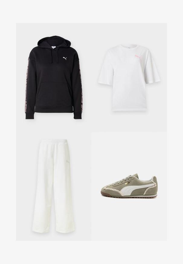 Sort hættetrøje med frontlomme, snore, hvid Puma-logo på brystet og pink leopardstriber ned ad hver ærme.; Hvid T-shirt med korte ærmer og rund hals, med en lille pink Puma-logo på venstre bryst.; Hvide sweatpants med løs pasform, elastisk taljebånd og diskret logo på højre lår.; Grønne ruskind sneakers med hvide læderdetaljer, struktureret syning, snørelukning og gummisål. Har unikke designfunktioner langs siderne.