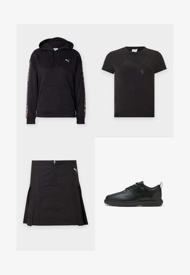 Sweat à capuche noir avec poche avant, cordons, logo Puma blanc sur la poitrine et rayures à imprimé léopard rose le long de chaque manche.; T-shirt de sport noir à manches courtes avec une petite fermeture éclair à l'avant et un logo Puma texturé subtil sur la poitrine.; Jupe de sport noire avec fermeture éclair à l'avant et plis latéraux, arborant un logo Puma blanc sur le côté supérieur droit.; Chaussure en cuir noir avec une finition lisse, panneau latéral texturé, design à lacets et col rembourré. Présente un logo subtil et des accents à motifs.