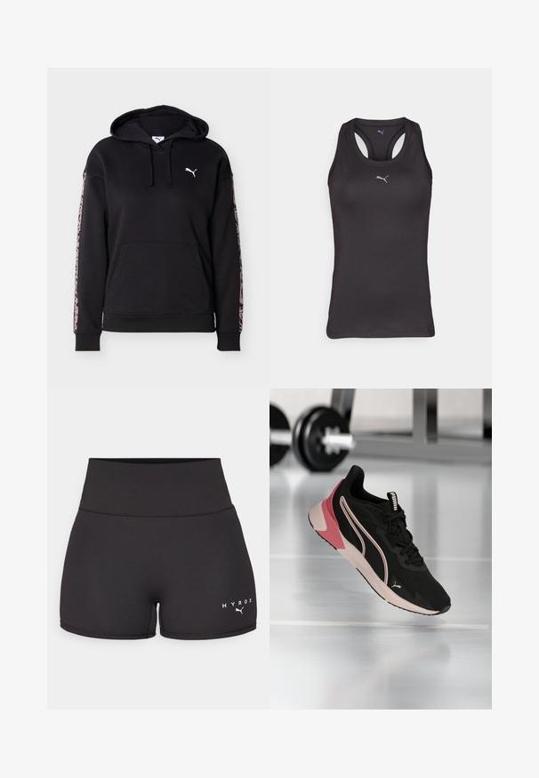 Schwarzer Hoodie mit Fronttasche, Kordelzug, weißem Puma-Logo auf der Brust und pinken Leopardenmuster-Streifen an jedem Ärmel.; Schwarzes Sporttanktop mit Racerback-Design, aus glattem Stoff gefertigt, mit einem kleinen grauen Logo in der Mitte vorne.; Schwarze Sportshorts aus dehnbarem Material. Hohe Taille mit weißem "HYROX"-Text und Logo auf der linken unteren Seite. Glatte Textur.; Schwarzer und pinker Puma-Laufschuh schwebt über einem reflektierenden Fitnessstudio-Boden, mit unscharfen Hanteln im Hintergrund.