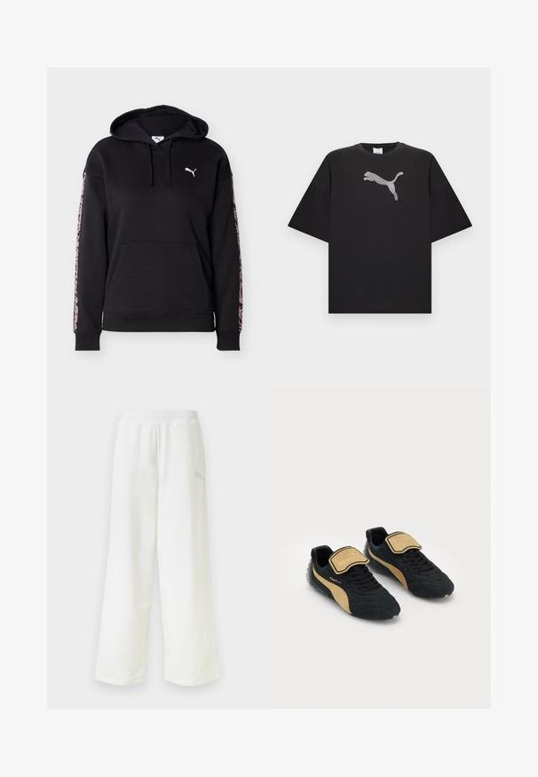 Sweat à capuche noir avec poche avant, cordons, logo Puma blanc sur la poitrine et rayures à imprimé léopard rose le long de chaque manche.; T-shirt noir oversize à manches courtes, avec un grand logo Puma blanc au centre devant.; Pantalon de survêtement blanc à coupe ample avec une taille élastique et un logo discret sur le côté de la cuisse droite.; Baskets noires et beiges dotées d'un dessus texturé, d'un bout arrondi, d'un laçage à l'avant et d'une sangle Velcro avec le logo "FENTY".