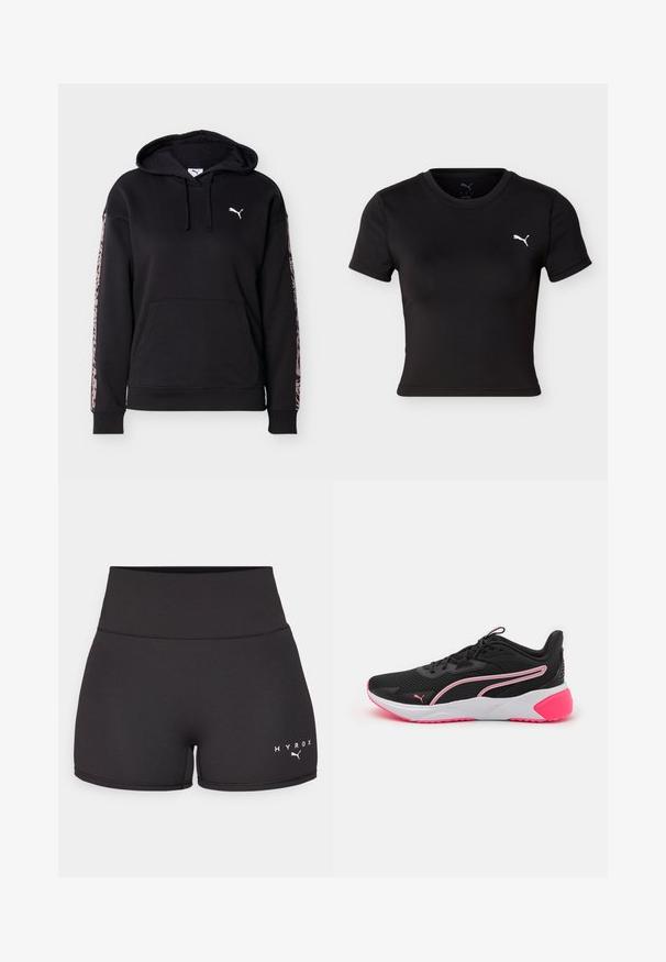 Schwarzer Hoodie mit Fronttasche, Kordelzug, weißem Puma-Logo auf der Brust und pinken Leopardenmuster-Streifen an jedem Ärmel.; Schwarzes, kurzärmeliges, cropped Sport-T-Shirt mit Rundhalsausschnitt und weißem Puma-Logo auf der linken Brust.; Schwarze Sportshorts aus dehnbarem Material. Hohe Taille mit weißem "HYROX"-Text und Logo auf der linken unteren Seite. Glatte Textur.; Schwarze Sportschuhe mit Netz-Obermaterial, pinken Akzenten, weißer Zwischensohle und markantem Logo. Sie verfügen über ein leichtes Design und eine strukturierte Außensohle.