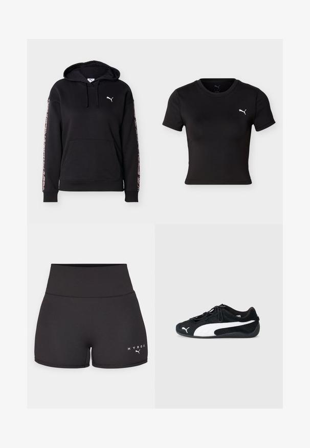 Schwarzer Hoodie mit Fronttasche, Kordelzug, weißem Puma-Logo auf der Brust und pinken Leopardenmuster-Streifen an jedem Ärmel.; Schwarzes, kurzärmeliges, cropped Sport-T-Shirt mit Rundhalsausschnitt und weißem Puma-Logo auf der linken Brust.; Schwarze Sportshorts aus dehnbarem Material. Hohe Taille mit weißem "HYROX"-Text und Logo auf der linken unteren Seite. Glatte Textur.; Schwarze Sportschuhe aus Mesh und Wildleder, mit einem weißen Puma-Logo, elastischen Schnürsenkeln und einer strukturierten Gummisohle.