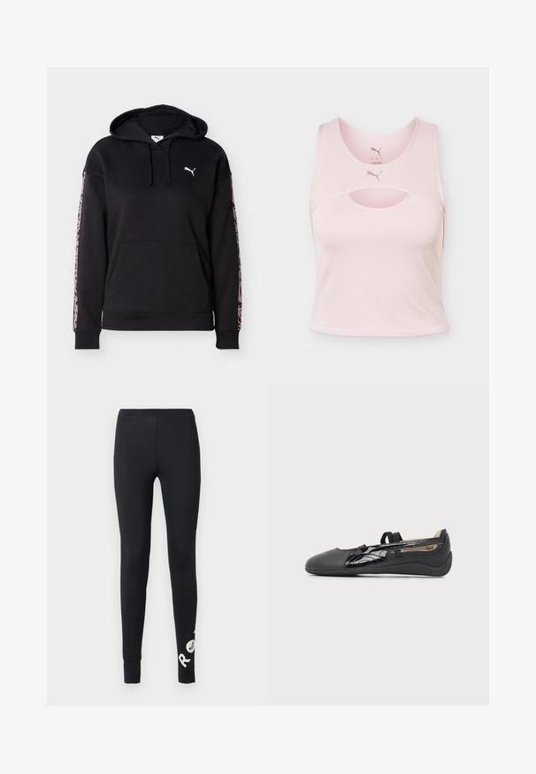 Sweat à capuche noir avec poche avant, cordons, logo Puma blanc sur la poitrine et rayures à imprimé léopard rose le long de chaque manche.; Crop top de sport sans manches rose clair avec encolure arrondie, détail découpé et logo Puma au centre devant et à l’intérieur du col.; Leggings noirs longs avec taille élastique et texte partiel de logo blanc sur la partie inférieure de la jambe droite.; Chaussure plate noire à enfiler avec une sangle élastique, bout lisse et détail latéral brillant, présentée de profil sur fond neutre.