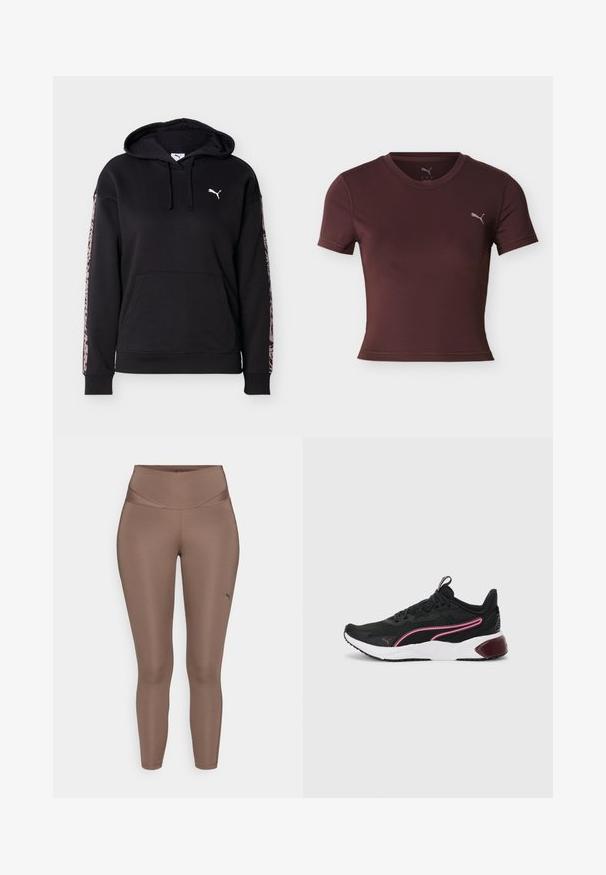 Sweat à capuche noir avec poche avant, cordons, logo Puma blanc sur la poitrine et rayures à imprimé léopard rose le long de chaque manche.; T-shirt de sport bordeaux à manches courtes, cintré, avec col rond et petit logo Puma sur le côté gauche de la poitrine sur fond blanc.; Leggings de sport marron en tissu lisse et extensible avec une taille haute. Présente un petit logo noir au bas de la jambe gauche.; Baskets de sport noires avec une tige en mesh, accents roses, semelle intermédiaire blanche et semelle en caoutchouc. Dotées d'un design à lacets sécurisé et d'un col rembourré.