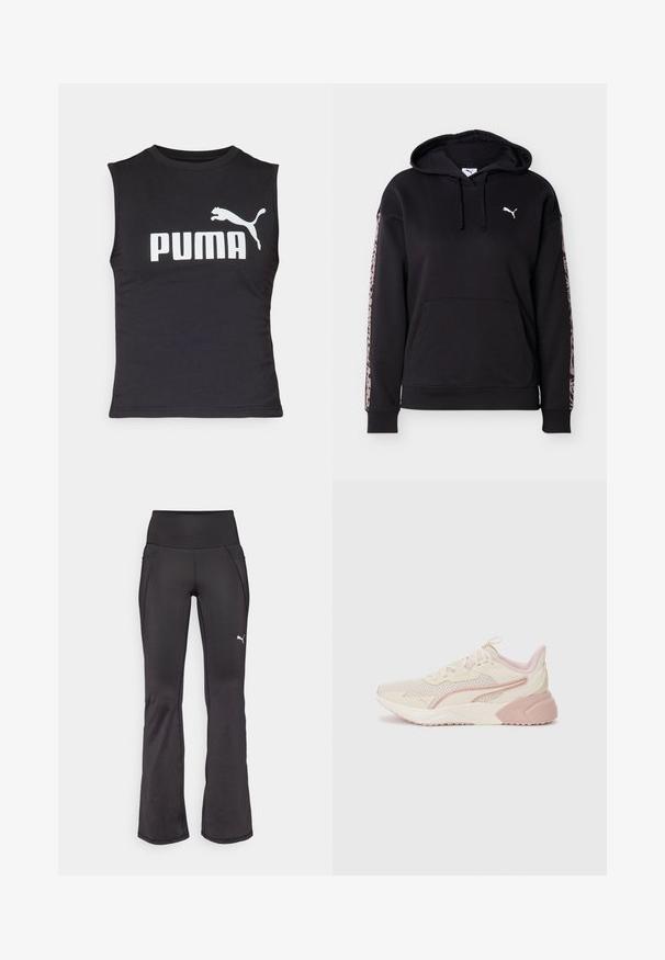 Sudadera con capucha negra con bolsillo frontal, cordones, logo blanco de Puma en el pecho y franjas de estampado de leopardo rosa a lo largo de cada manga.; Camiseta sin mangas negra de tela suave con un destacado logo blanco de "PUMA" y la silueta de un puma saltando.; Pantalones de fitness negros de campana con una cinturilla alta, tejido elástico, que presentan un logo de marca bordado en blanco y un sutil detalle de costura.; Zapatillas ligeras con un diseño en beige y rosa pálido, parte superior de malla, suela acolchada y sutiles acentos de logotipo en el lateral.
