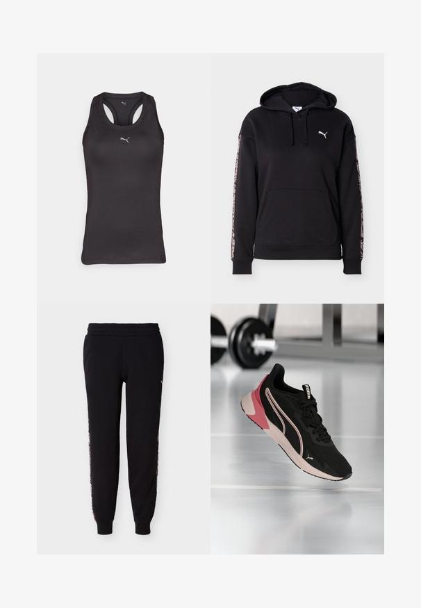 Zwarte hoodie met voorzak, trekkoorden, wit Puma-logo op de borst en roze luipaardprintstrepen langs elke mouw.; Zwarte sportieve tanktop met een racerback ontwerp, gemaakt van gladde stof, met een klein grijs logo op het midden van de voorkant.; Zwarte joggerbroek met elastische tailleband en dierenprint strepen langs de zijkanten, met omgeslagen broekspijpen bij de enkels.; Zwart en roze Puma hardloopschoen zwevend boven een reflecterende sportschoolvloer, met vervaagde dumbbells op de achtergrond.