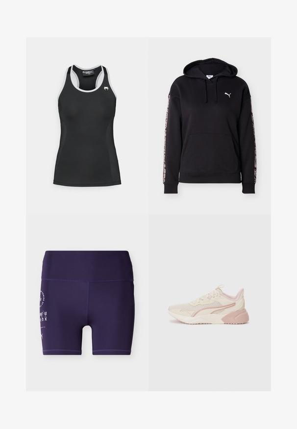 Sweat à capuche noir avec poche avant, cordons, logo Puma blanc sur la poitrine et rayures à imprimé léopard rose le long de chaque manche.; Débardeur de sport noir avec des accents blancs, design dos nageur, texture lisse, forme cintrée et un petit logo blanc sur la poitrine.; Shorts de sport ajustés taille haute de couleur violet foncé avec texte blanc imprimé et logo sur la cuisse gauche, présentés sur un fond uni.; Baskets légères avec un design beige et rose pâle, tige en maille, semelle rembourrée et accents de logo discrets sur le côté.