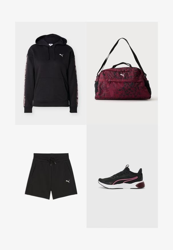 Sweat à capuche noir avec poche avant, cordons, logo Puma blanc sur la poitrine et rayures à imprimé léopard rose le long de chaque manche.; Shorts de sport noirs avec taille à cordon, poches latérales et logo blanc Puma sur la jambe droite.; Baskets de sport noires avec une tige en mesh, accents roses, semelle intermédiaire blanche et semelle en caoutchouc. Dotées d'un design à lacets sécurisé et d'un col rembourré.; Sac de sport rouge et noir à pois avec poche zippée à l'avant, poches latérales en mesh noir, double poignées et bandoulière réglable.