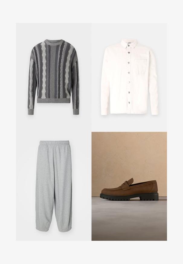 Harmaa kuvioitu villapaita, jossa on vaakasuorat raidat erilaisilla tekstuureilla, ribatut kaula-aukko ja hihansuut. Materiaalissa on pehmeä, neulottu pintakuvio.; Denim Project DPMDPSTITCH DETAIL DENIM SHIRT - Vapaa-ajan kauluspaita - jet stream; Vaaleanharmaat, löysät collegehousut, jotka on valmistettu pehmeästä kankaasta. Joustava vyötärö ja resorit nilkoissa. Yksinkertainen ja koristelematon muotoilu.; Tummanruskea nahkainen loafer-pelkkiipyöräinen, jossa paksu musta kumipohja, esitetty beigen maton ja sohvan taustalla.