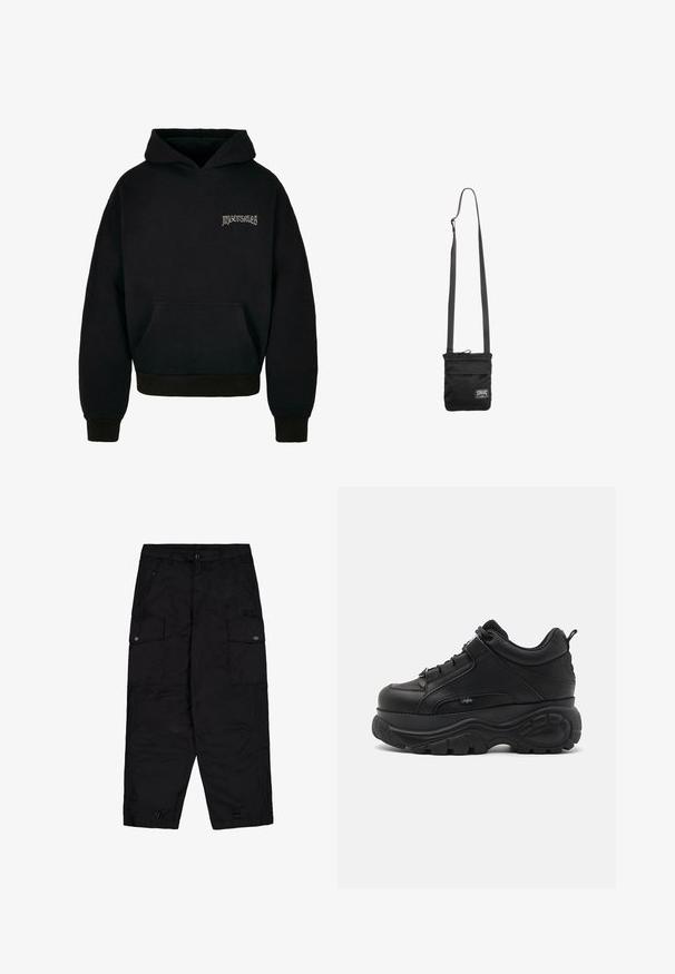 Schwarzer Hoodie aus einem Baumwollmix, mit einer Fronttasche, gerippten Bündchen und einem Logo in Hellgrau auf der linken Brustseite.; Schwarze Cargo-Hosen mit vorderem Knopf und Reißverschluss, seitlichen Klappentaschen mit Knöpfen und verstellbaren Kordeln am Saum.; Schwarze Leder-Chucksneaker mit dicker Gummisohle, schlankem Design und strukturierten Akzenten. Verfügt über Schnürsenkel und eine Zuglasche an der Ferse.; Schwarze Umhängetasche mit verstellbarem Riemen und kleinem weißem rechteckigem Logopatch auf der unteren Vorderseite.