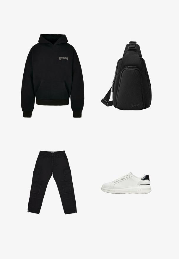 Zwarte hoodie van een katoenmix, met een voorzak, ribgebreide boorden en een lichtgrijs logo op de linkerborst.; Zwarte cargobroek van duurzaam materiaal, met meerdere cargozakken, ritsenkoppen en rechte benen met subtiele stikseldetails.; Witte lage sneaker met veters aan de voorkant en zwarte hieldetail op een dikke zool, gezien van de zijkant op een witte achtergrond.; Zwarte schoudertas met gestructureerd voorvak, verstelbare band en ritssluitingen, ontworpen voor dagelijks gebruik of reizen.