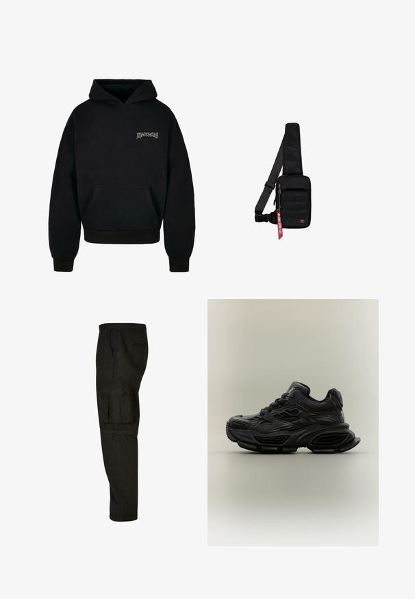 Schwarzer Hoodie aus einem Baumwollmix, mit einer Fronttasche, gerippten Bündchen und einem Logo in Hellgrau auf der linken Brustseite.; Schwarze Cargo-Hosen mit lockerer Passform, elastischem Bund, Seitentaschen und einer großen Cargotasche am Oberschenkel. Weicher, leichter Stoff.; Schwarzer klobiger Sneaker mit strukturiertem Design, dicker Sohle und Schnürverschluss vor schlichtem neutralem Hintergrund.; Schwarze Umhängetasche aus strukturiertem Stoff. Ausgestattet mit einem Reißverschluss-Hauptfach, einer vorderen Tasche mit Gurtband, verstellbarem Riemen und einem dekorativen Anhänger.