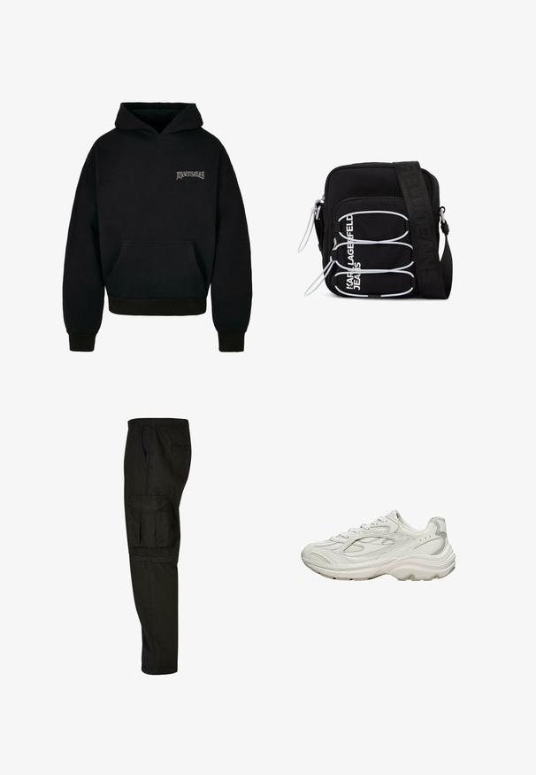 Sort hoodie lavet af en blanding af bomuld, med en lomme foran, ribbede manchetter og et logo i lys grå på venstre brystområde.; Sorte cargo bukser med afslappet pasform, elastisk talje, sidelommer og en stor cargo lomme på låret. Blødt, letvægtsstof.; Hvid sneaker med en tekstureret overdel og en chunky sål. Den har buede linjer, subtile grå accenter og en snørelukning.; Sort skuldertaske med hvide elastiske løkker, lynlåstræk og hvid "KARL LAGERFELD JEANS" tekst på frontlommen.