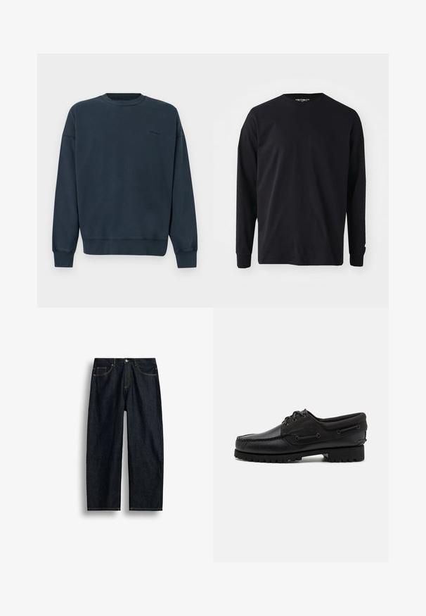 Dunkelblaues Fleece-Sweatshirt mit geripptem Rundhalsausschnitt, überschnittenen Schultern und gerippten Bündchen. Verfügt über ein dezentes Logo auf der Brust.; Schwarzes Langarm-T-Shirt aus Baumwolle mit rundem Halsausschnitt und geradem Schnitt, mit einem kleinen Logodetail am Ärmel.; Dunkelblaue Jeans mit geradem Bein, gelben Nähten, vorderen Taschen und Knopfverschluss in der Taille.; Schwarzer Schuh mit einem Obermaterial aus Leder, textilen Akzenten, runden Schnürsenkeln und einer strukturierten Gummisohle. Verfügt über Mokassin-Nähte und eine Markeninschrift.