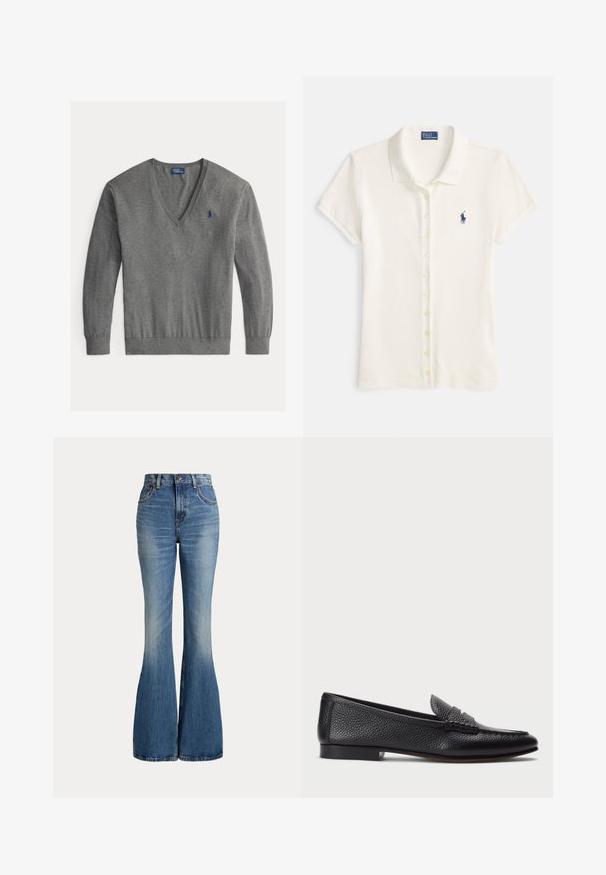 Grijze V-hals trui voor heren met lange mouwen en klein blauw geborduurd logo op de linkerborst.; Polohemd van off-white katoen met korte mouwen, een kraag en een knopenlijst. Voorzien van een klein marineblauw logo op de borst.; High waist blauwe spijkerbroek met uitlopende pijpen en lichte vervaging aan de voorkant van het bovenbeen, getoond tegen een witte achtergrond.; Zwarte leren instapper met een gestructureerde afwerking, voorzien van een decoratieve band en platte hak. Slank, minimalistisch ontwerp met een ronde neus.
