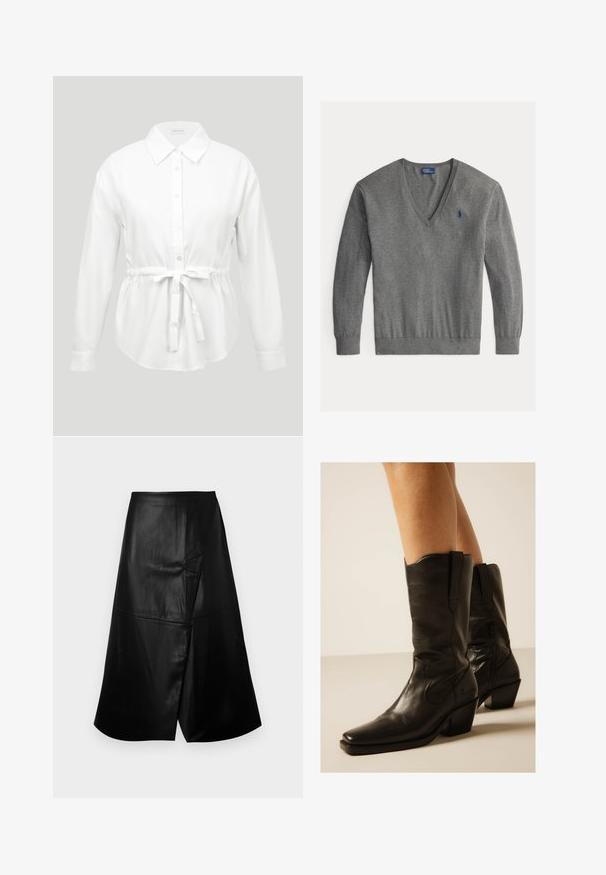 Pull gris pour homme en V à manches longues avec petit logo bleu brodé sur la poitrine gauche.; Blouse blanche à manches longues avec col pointu et ceinture à nouer à la taille, présentée sur un fond gris clair.; Jupe midi en simili cuir noir avec une silhouette évasée en A et un détail asymétrique superposé à l'avant sur fond blanc.; Bottes de cowboy en cuir noir mi-mollet avec bouts pointus et talons blocs portées sur des jambes nues sur un fond neutre.