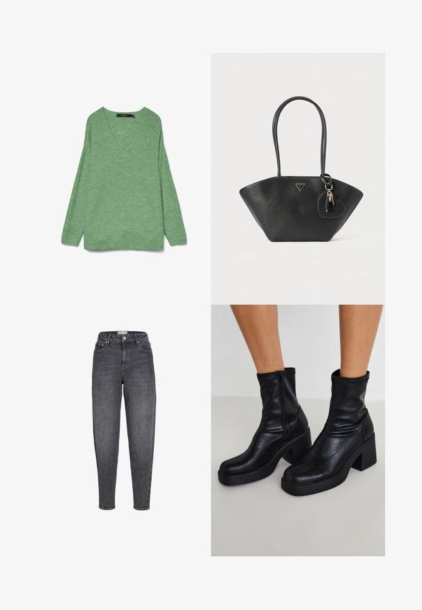 Grøn ribbestrikket sweater med dyb V-hals og lange ærmer, vist fladt på en hvid baggrund.; Sortvaskede jeans med høj talje, tilspidset pasform, forlommer, bæltestropper og knaplukning foran.; Sorte læder ankelstøvler med en høj blokhæl, der har en sidelukning, glat overflade og en spidse tå-design.; Sort lædertaske med en struktureret overflade, bred bund og skrånende top. Har to håndtag og et hjerteformet vedhæng med nøgletassler.