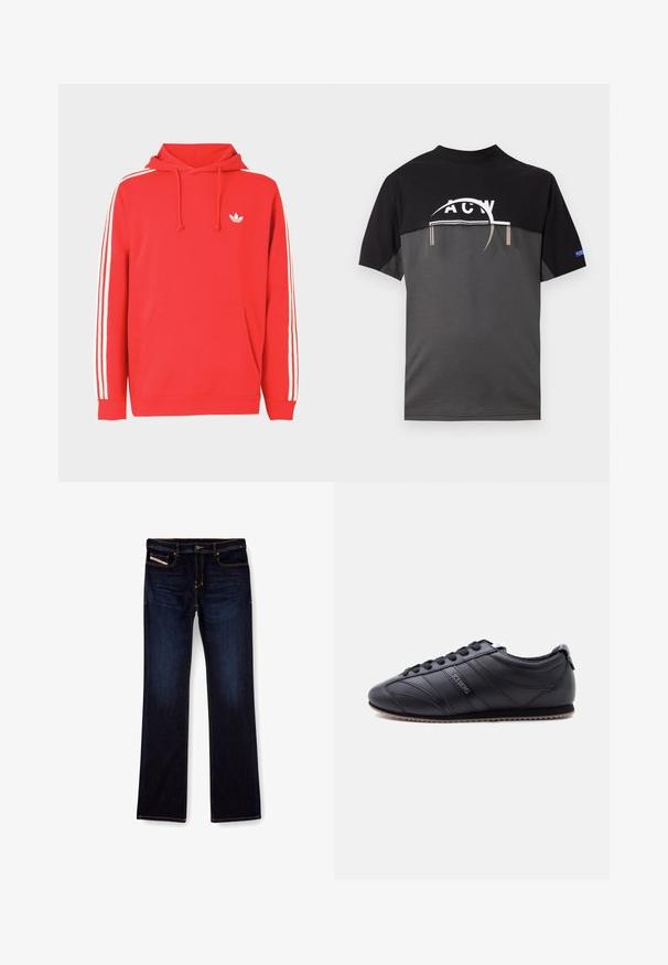 Sudadera con capucha roja hecha de tela suave, con un bolsillo frontal, capucha ajustable con cordón y acentos blancos de tres rayas en las mangas.; Camiseta negra y gris de manga corta con un logotipo gráfico blanco en el pecho y una pequeña etiqueta azul en la manga derecha.; Jeans de mezclilla de color azul oscuro con corte recto, con costuras naranjas, cremallera en la bragueta y bolsillos delanteros. Textura suave y cinturilla estándar.; Zapatilla negra de caña baja con cierre de cordones, diseño de paneles cosidos, suela texturizada y logo "ICEBERG" en el lateral, mostrada sobre un fondo claro.