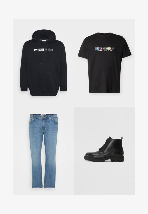 Sort hættetrøje lavet af en blanding af bomuld, med en stor frontlomme, justerbar hætte og hvidt mærketekst på brystet.; Sort kortærmet T-shirt med teksten "JACK & JONES ESTABLISHED IN 1990" i farverige blokbogstaver på brystet.; Blå straight-leg denim jeans med knap- og lynlås, for- og baglommer samt synlig syning på hvid baggrund.; Sorte læder ankelstøvler med rund tå, snørebånd fortil og tekstureret gummisål. Inkluderer en løkke ved hælen for nem påføring.
