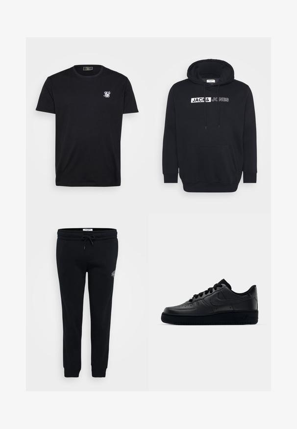 Schwarzer Hoodie aus Baumwollmischung, mit einer großen Fronttasche, Kordelzugkapuze und weißem Markenlogo auf der Brust.; Schwarzes Baumwoll-T-Shirt mit kurzen Ärmeln, Rundhalsausschnitt und kleinem weißen gestickten Logo auf der linken Brust. Einfaches und klassisches Design.; Schwarze Jogginghose aus weichem Material, mit elastischem Bund, Kordelzug, Seitentaschen und einem kleinen Logodetail auf der Hüfte.; Schwarzer Nike Air Force 1 Schuh mit einem glatten Lederoberteil, perforierter Zehenpartie für Atmungsaktivität, schwarzen Schnürsenkeln und einer strukturierten Gummisohle.