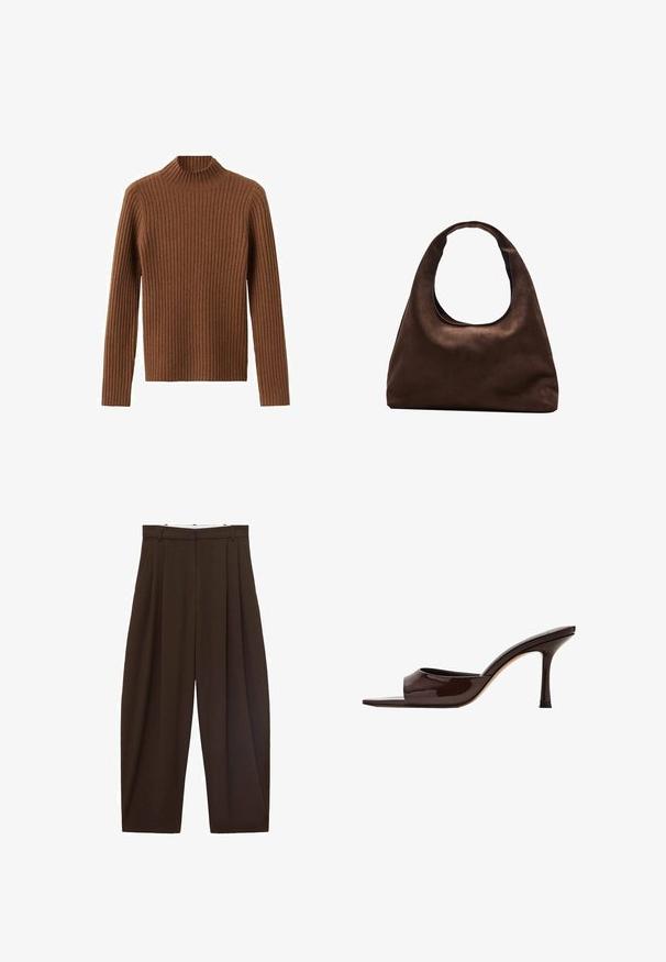 Brun ribstrikket sweater med høj hals og lange ærmer. Teksturen er blød med ensartede lodrette striber over hele.; Brune højtaljede bukser med folder, lavet af glat stof. Løs pasform, straight leg design, med bæltestropper og lynlås.; Mørkebrun laklæder mule med åben tå, bred rem og slank høj hæl på hvid baggrund.; Blød brun hobo-stil håndtaske med en enkelt bred strop og en buet åbning på toppen, vist på en hvid baggrund.