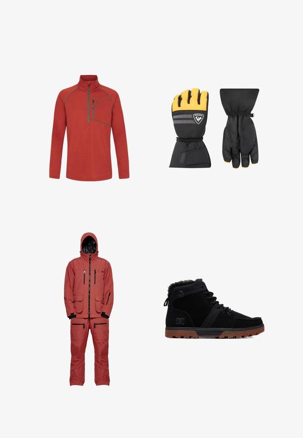 Roter Fleecepullover mit Viertelreißverschluss und hohem Kragen. Verfügt über kontrastierende grüne Nähte und eine Brusttasche mit Reißverschluss.; Roter wasserdichter Skianzug mit Kapuze, ausgestattet mit schwarzen Reißverschlüssen und Akzenten, mehreren Taschen und einem strukturierten Stoff für Isolierung.; Schwarze High-Top-Schuhe aus Wildleder und Stoff; verfügen über einen mit Fell gefütterten Kragen, Gummisohle und Schnürsystem; DC-Logo an der Seite.; Schwarze und gelbe isolierte Handschuhe mit wasserdichtem Design. Mit elastischen Bündchen, Logo-Details und einer rutschfesten strukturierten Innenhand.