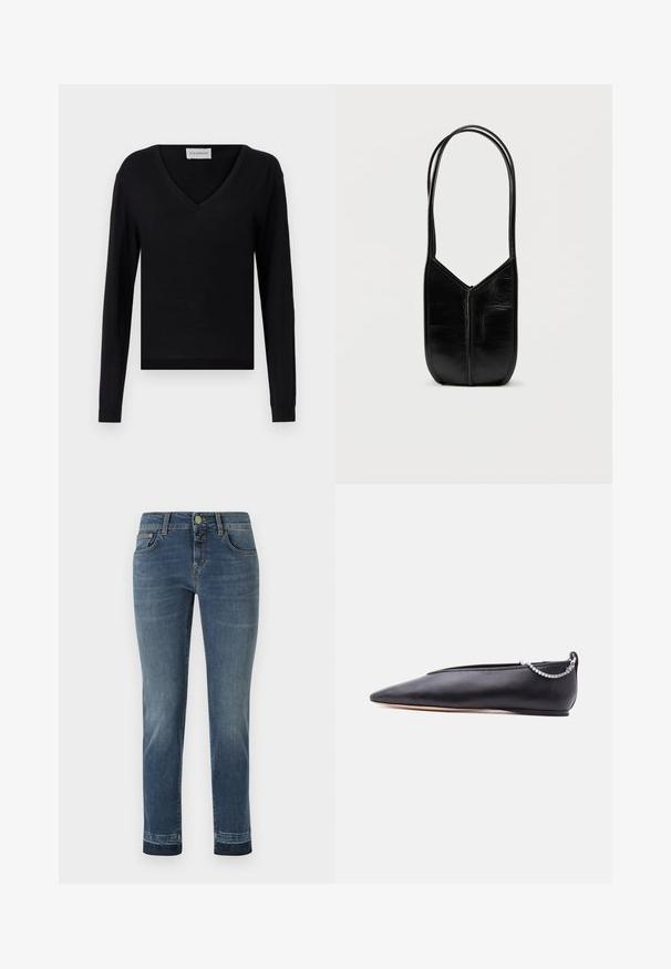 Sort langærmet sweater med V-hals-design. Fremstillet af blødt materiale, har en tætsiddende silhuet og ribbestrikkede manchetter og kant.; Mørkeblå denim jeans med lige ben, der har en klassisk knaplukning og fem lommer. Let falming på lårene.; Sort læder flad sko med spids tå, lav hæl og sølvkæde detalje bagpå mod en ensfarvet baggrund.; Sort lædertaske med en rund, asymmetrisk form. Har to lange stropper og en sømløs lynlås foran. Glat tekstur.