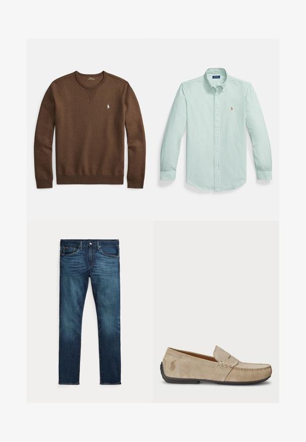 Brun sweatshirt lavet af blødt stof, med rund hals, ribstrikkede manchetter og en lille hvid polo-logo på venstre bryst.; Lysegrøn skjorte med knapper, der har hvide lodrette striber, spids krave og et lille broderet logo på brystet.; Mørkeblå slim-fit jeans med frontknap og lynlås, fem lommer og subtil falmen på forreste lår og knæ.; Beige ruskindsloafers med syninger, flad gummisål og et lille logo på siden. Klassisk slip-on design, blød tekstur.