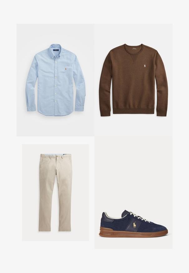 Braunes Sweatshirt aus weichem Stoff mit Rundhalsausschnitt, gerippten Bündchen und kleinem weißem Polo-Logo auf der linken Brust.; Himmlisch blaues Langarm-Hemd aus Baumwolle mit klassischem Kragen und kleinem roten gestickten Logo auf der Brust.; Beige Baumwollhose mit geradem Bein, Fronttaschen, Gürtelschlaufen, Knopfverschluss und Reißverschluss, flach auf weißem Hintergrund dargestellt.; Marineblaue Low-Top-Sneaker mit weißen Schnürsenkeln, brauner Sohle und Polo-Spieler-Logo an der Seite, von links betrachtet.