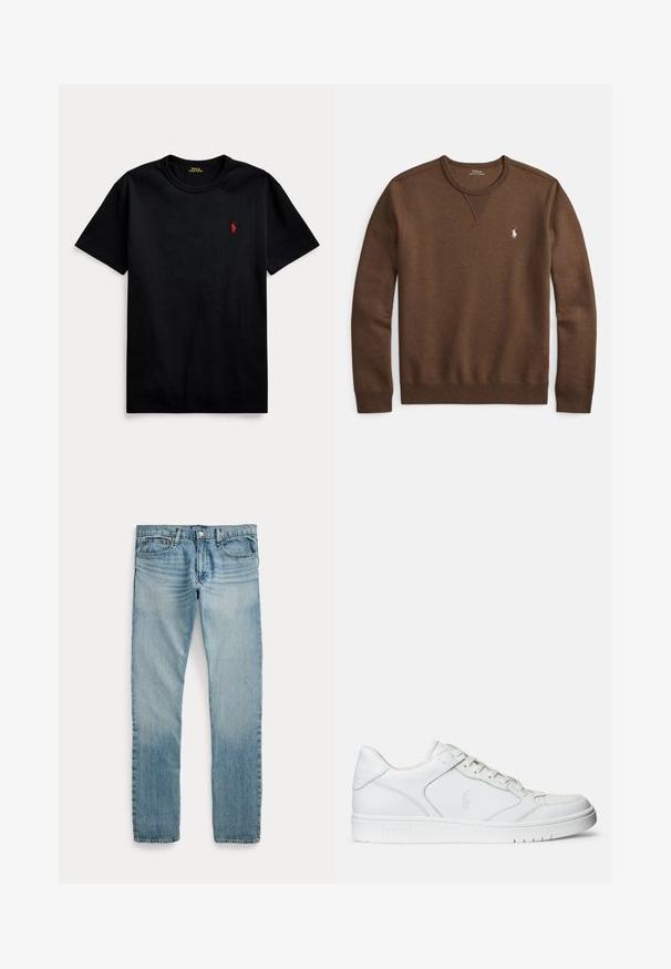 Braunes Sweatshirt aus weichem Stoff mit Rundhalsausschnitt, gerippten Bündchen und kleinem weißem Polo-Logo auf der linken Brust.; Schwarzes Baumwoll-T-Shirt mit kurzen Ärmeln, Rundhalsausschnitt und kleinem roten gestickten Logo auf der linken Brust. Glatte Textur, lässiges Design.; Hellblaue Jeans mit geradem Bein, fünf Taschen, Knopfverschluss und dezenten verwaschenen Details an Oberschenkeln und Knien.; Weißer Ledersneaker mit glatter Textur, ausgestattet mit einer perforierten Zehenpartie, Schnürverschluss und gesticktem Logo an der Seite. Weiße Gummisohle.
