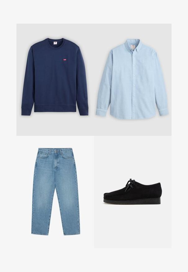 Marineblauer Sweatshirt aus Baumwolle mit Rundhalsausschnitt und langen Ärmeln. Verfügt über ein kleines rotes Levi's-Logo auf der Brust. Glatte Textur, minimalistisches Design.; Hellblaues Hemd mit langem Arm, Knopfleiste, Button-Down-Kragen und einer einzelnen Brusttasche, flach liegend auf grauem Hintergrund.; Hellblaue Jeans aus Denim mit geradem Bein, Fünf-Taschen-Design und leicht verwaschener Textur. Mit Knopf- und Reißverschluss ausgestattet.; Schwarze Wildlederschuhe mit rundem Zehendesign, einer Schnürfront und einer strukturierten schwarzen Gummisohle. Glattes Obermaterial mit dezenten Nahtdetails.