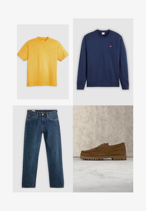 Tummansininen puuvillainen collegepaita pyöreällä pääntiellä ja pitkillä hihoilla. Rintakehässä pieni punainen Levi's-logo. Sileä pinta, minimaalinen muotoilu.; Keltainen puuvillapaita, jossa on lyhyet hihat, pyöreä pääntie ja pieni brodeerattu Levi's-logo edessä. Sileä materiaali, yksinkertainen muotoilu.; Tummansininen suoralahkeinen farkut. Viisi taskua, kupariset napeitukset ja napillinen vetskari. Sileä materiaali ompelukoristein.; Ruskea mokkanahkainen nyörikenkä, jossa on paksu uurrettu pohja, kelluu beigen maton yllä. Taustalla näkyy ruskea, ovaalin muotoinen pöytä.