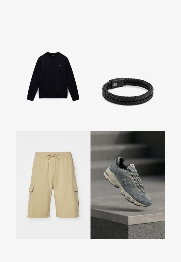 Musta pitkähihaisen pyöreäkauluksinen collegepaita, jossa pieni punainen ja valkoinen lippulogo vasemmassa rinnassa valkoisella taustalla.; Beige puuvillased cargo lühikesed püksid, millel on elastne vöökoht, nöör ja küljetaskud. Sile tekstuur ja põlveni ulatuv disain.; Harmaa New Balance 1000 -lenkkari, jossa on kerma-kuivapohja, nauhat ja brändäys, leijailee betonireunuksen yllä, taustalla sumeat portaat.; Kaksinkertainen must punottu nahkaranneke, jossa musta magneettinen lukko ja pieni valkoinen lootuskukkaembleemi.
