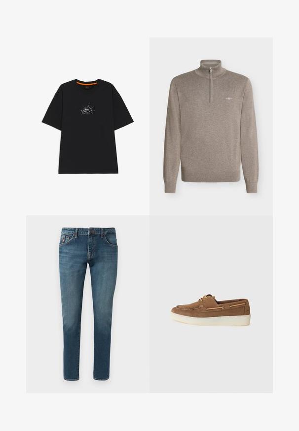 Langærmet trøje i farven taupe med en halv lynlås og et lille broderet logo på venstre bryst.; Sort T-shirt med korte ærmer og rund halsudskæring, med en hvid, sprække-lignende grafik i midten med ordet "BOSS".; Blå slim-fit denimjeans med fem lommer, knaplukning og syninger, vist mod en hvid baggrund.; Brune ruskind sejlersko med cremefarvet gummisål, snørredetaljer og kontrastsyninger, der har et lavprofileret design og let konstruktion.
