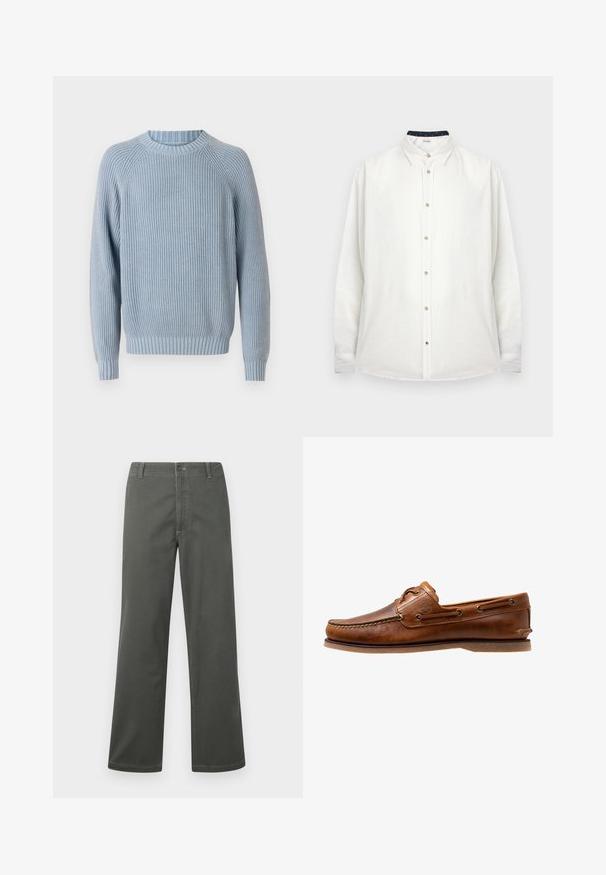 Pull en tricot côtelé bleu clair avec un col rond, des manches raglan et une finition texturée. Il présente un ourlet et des poignets ajustés.; Chemise blanche à manches longues avec col classique et boutons beige, présentée sur un fond uni.; Pantalons larges gris en tissu mélangé coton, présentant un design classique à cinq poches et une fermeture à bouton sur le devant, avec des détails de couture contrastés.; Chaussures bateau en cuir marron avec des accents cousus, présentant des œillets en métal, une couture surélevée sur le bout et une semelle plate en caoutchouc.