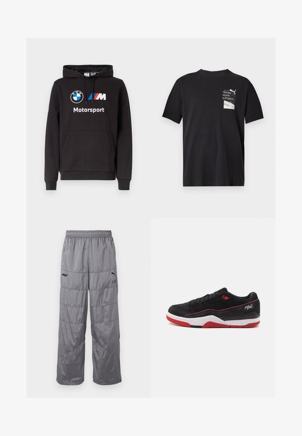 Must kapuutsiga jakk esikülje pükstaskuga, BMW ümmarguse logoga, sinise-punase M triibuga logo ja rinnal tekst "Motorsport".; Must lühikeste varrukatega T-särk, väike valge graafika ja tekst "Therapy Session in Progress" ülemisel vasakul rinnal.; Hallid puffer-püksid, millel on elastne vöökoht, eenduvate õmblustega ja väike must logo vasakul reiel. Kerge materjal.; Madala säärega must sneaker punaste detailide, valge tald ja küljele kirjutatud „Flight“ kirjadega, näidatud külgprofiilis valgel taustal.