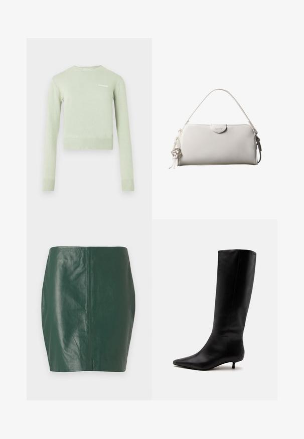 Jersey de punto verde claro, con cuello y puños acanalados. Diseño corto y entallado con un pequeño logo blanco en el pecho.; Minifalda de cuero verde con una textura suave y forma ajustada. Presenta un diseño sin costuras y sin cierres o herrajes visibles.; Bota alta de cuero negro hasta la rodilla con puntera puntiaguda y tacón bajo tipo kitten sobre un fondo claro y liso.; Bolso rectangular blanco de Calvin Klein con un solo asa, diseño minimalista y borlas decorativas con un charm metálico geométrico en el lateral.