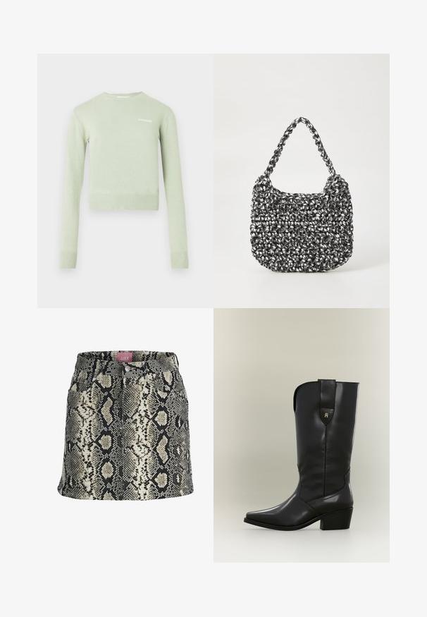 Hellgrüner Pullover mit Rippenstrick am Kragen und an den Bündchen. Kurzes, figurbetontes Design mit kleinem weißem Logo auf der Brust.; Schwarzer, beiger und weißer Minirock in A-Linie mit Kunst-Schlangenhautmuster, vorderen Taschen und einem taillierten Bund mit Knöpfen.; Hoher schwarzer Cowboy-Stiefel aus Leder mit spitzer Zehe, klobigem Absatz und Zuglasche mit kleinem goldenen Logo.; Gewebte Handtasche in Schwarz und Weiß mit runder Form, strukturiertem Oberflächenfinish und geflochtener Grifffläche. Geeignet für den lässigen Gebrauch.