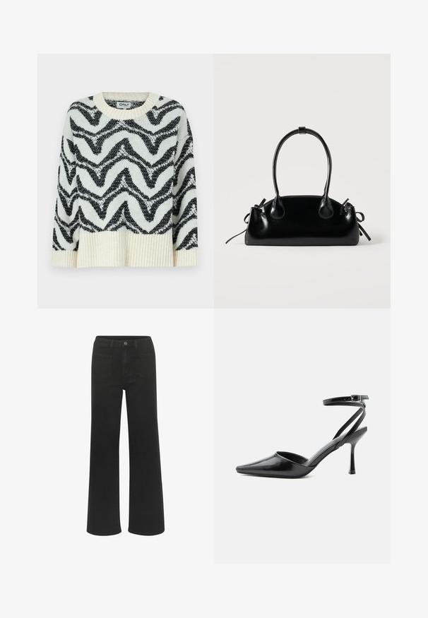 Pull en tricot crème et noir avec un motif en zigzag. Encolure arrondie, ourlet côtelé et coupe décontractée créent une apparence texturée.; Jean large noir en denim, avec fermeture à bouton, cinq poches, et une texture lisse d'une couleur uniforme.; Escarpin noir à bout pointu avec fines brides de cheville et fermeture à boucle argentée sur fond clair uni.; Petit sac à main noir brillant avec deux longues anses et des détails à cordon sur les côtés sur un fond clair uni.