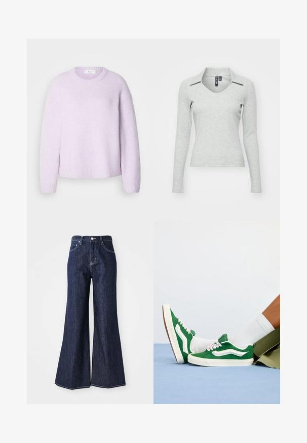 Pull violet clair avec un col rond, une texture douce, et des poignets et ourlet côtelés ; présente une coupe décontractée et des épaules légèrement tombantes.; Haut gris clair à manches longues, en V avec col, fabriqué dans un tissu doux et texturé, présentant une coupe ajustée et un minimum de détails.; Jean flare en denim foncé avec taille haute, présentant une fermeture à bouton et zip. Des coutures blanches et des jambes larges créent une silhouette structurée.; Baskets en daim vert avec des accents blancs, lacets texturés avec des détails roses et une semelle en caoutchouc beige, portées avec des chaussettes blanches et un short vert.
