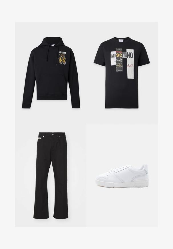 Must kapuutsiga dressipluus ees tasku ja nöörid, millel on kollast mõõdulinti hoidev kaisukaruke ja rindkere peal tekst "Moschino".; Must lühikeste varrukatega T-särk kolme ristkülikukujulise plaastriga ees, millel on valge, musta, kollase ja punasega segatekst ja graafiline kujundus.; Mustad puuvillased püksid sirge jala disainiga, ees nupuga sulgemine, kahe küljetaskuga ja väikese brändi sildiga vöökohtade peal.; Valge madala lõikega toss, millel on paeltega kinnitus, sile sünteetiline pealmine osa ja mustriga kummist tallad heledal lihtsal taustal.