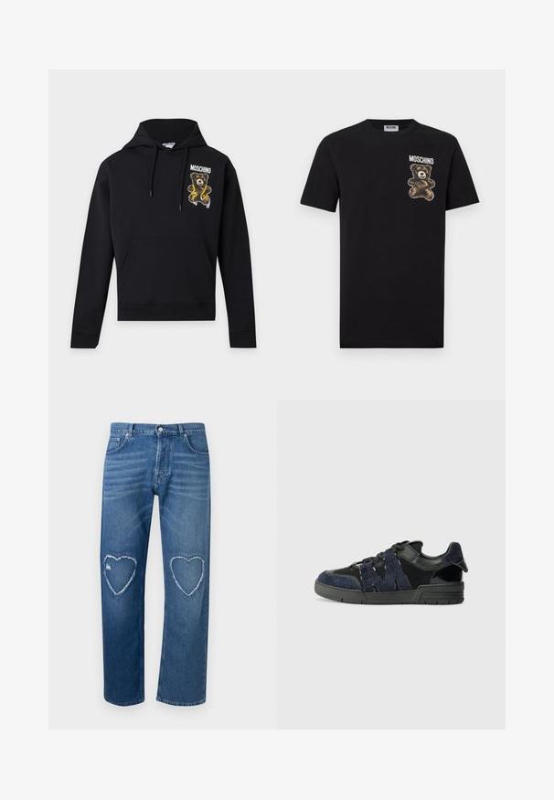 Zwarte hoodie met voorzak en trekkoorden, met een teddybeer die een gele rolmaat vasthoudt en de tekst "Moschino" op de borst.; Zwart katoenen T-shirt met cartoonbeerafbeelding op de linkerborst en "MOSCHINO"-tekst erboven. Standaard ronde hals ontwerp.; Blauwe spijkerbroek met hoge taille, rechte pijpen en versleten hartvormige uitsparingen op beide knieën.; Zwarte en marineblauwe sneakers zijn gemaakt van suede en mesh materialen, met een dikke zool en een opvallend uitgesneden "M" detail aan de zijkant.