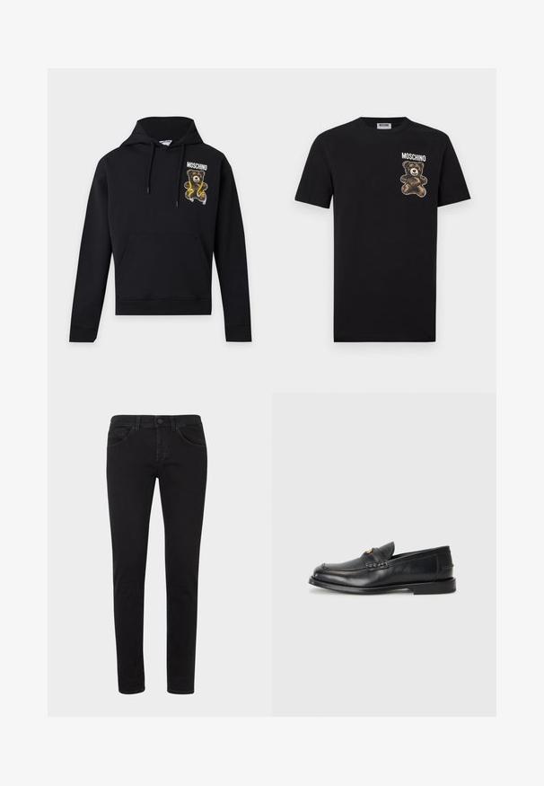 Sweat à capuche noir avec poche avant et cordons, avec un ours en peluche tenant un mètre ruban jaune et le texte "Moschino" sur la poitrine.; T-shirt en coton noir avec un motif de dessin animé d'ours sur le côté gauche de la poitrine et le texte "MOSCHINO" au-dessus. Design classique à col rond.; Jean en denim noir à coupe slim, avec un design classique à cinq poches, passants pour ceinture et fermeture à boutons sur le devant. Texture lisse avec un léger effet délavé.; Des mocassins en cuir noir présentent un bout arrondi, des détails cousus et un petit accent doré à l'avant. La semelle est plate et discrète.