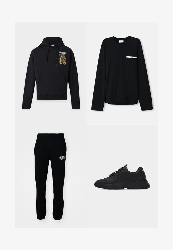 Schwarzer Hoodie mit Fronttasche und Kordeln, mit einem Teddybär, der ein gelbes Maßband hält, und dem Text "Moschino" auf der Brust.; Schwarzes Langarm-T-Shirt aus Baumwolle. Verfügt über eine frontale Tasche mit weißem Akzentstreifen und Logo. Einfaches, klassisches Design mit Rundhalsausschnitt.; Schwarze Fleece-Jogginghosen mit elastischem Bund und Bündchen. Mit einem weißen Logo auf dem linken Oberschenkel. Glatte Textur, lockere Passform.; Schwarzer Sneaker in Low-Top-Stil mit klobiger Sohle, strukturierten Paneeldetails, Schnürverschluss vorne und Zuglasche an der Ferse vor einfarbigem Hintergrund.