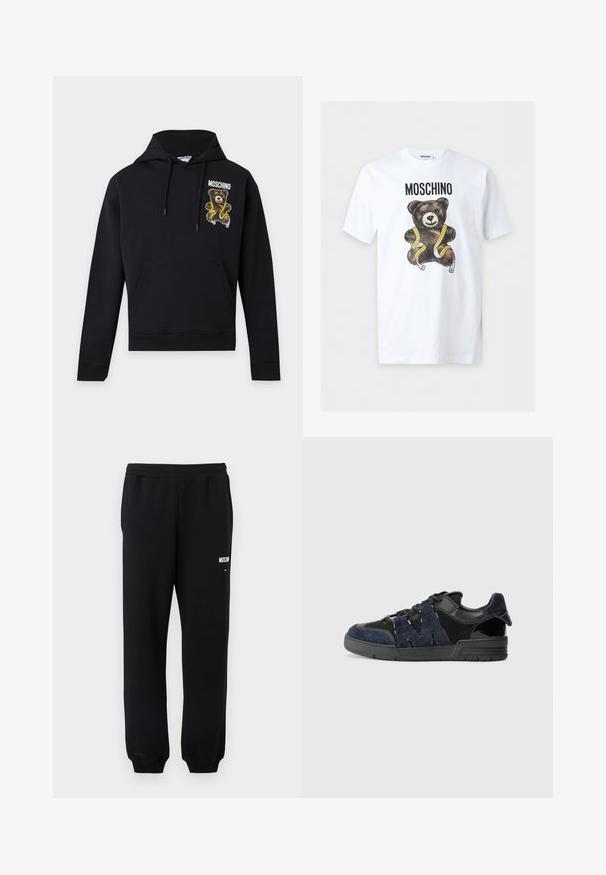 Schwarzer Hoodie mit Fronttasche und Kordeln, mit einem Teddybär, der ein gelbes Maßband hält, und dem Text "Moschino" auf der Brust.; Weißes kurzärmeliges T-Shirt mit dem Text "MOSCHINO" über einem braunen Teddybär, der mit einem gelben Maßband umwickelt ist.; Schwarze Jogginghose mit elastischem Bund und Bündchen, mit kleinem weißem "Moschino"-Logo auf dem oberen linken Oberschenkel.; Schwarze und marineblaue Sneakers aus Wildleder und Mesh-Materialien, mit einer dicken Sohle und einem markanten Ausschnitt in Form eines "M"-Details an der Seite.