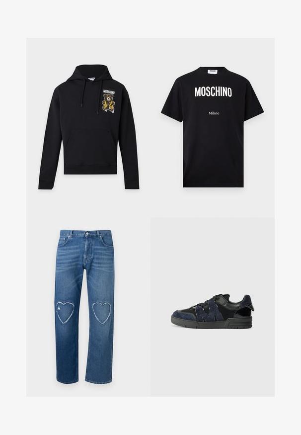 Schwarzer Hoodie mit Fronttasche und Kordeln, mit einem Teddybär, der ein gelbes Maßband hält, und dem Text "Moschino" auf der Brust.; Schwarzes Baumwoll-T-Shirt mit weißem "MOSCHINO"-Logo und "Milano"-Schriftzug, Kurzarm, Rundhalsausschnitt und geradem Saum. Einfaches Design.; Blaue Denim-Jeans mit hoher Taille, geraden Beinen und ausgefransten, herzförmigen Ausschnitten an beiden Knien.; Schwarze und marineblaue Sneakers aus Wildleder und Mesh-Materialien, mit einer dicken Sohle und einem markanten Ausschnitt in Form eines "M"-Details an der Seite.