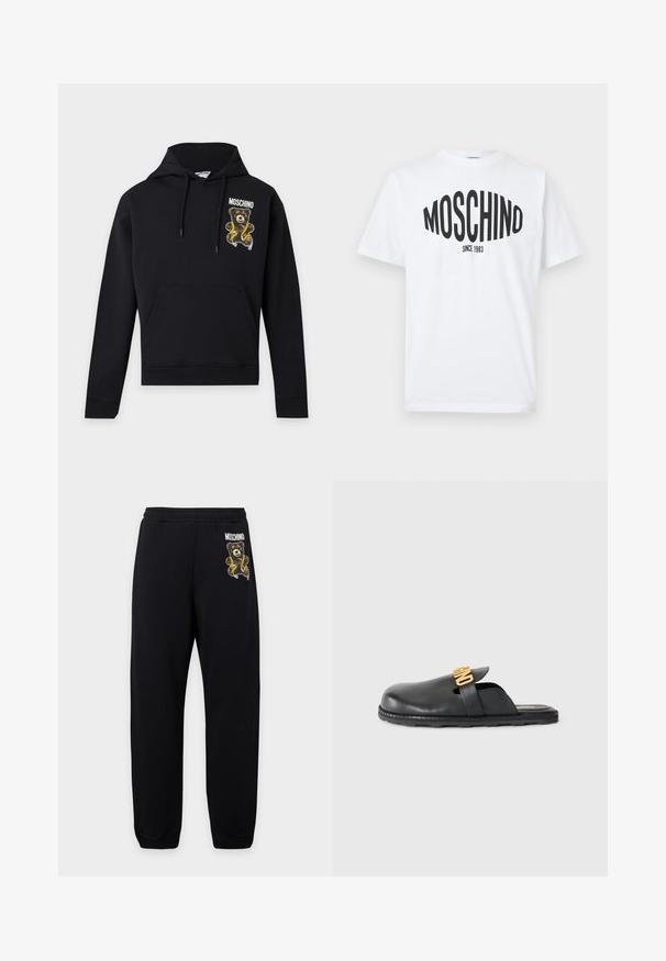 Zwarte hoodie met voorzak en trekkoorden, met een teddybeer die een gele rolmaat vasthoudt en de tekst "Moschino" op de borst.; Witte katoenen T-shirt met een zwarte opdruk waarop "MOSCHINO" in dikke letters staat, met daaronder "SINCE 1983", ontwerp met ronde hals.; Zwarte joggingbroek met elastische taille, met een kleine teddybeer en het "Moschino" logo op de linker dij.; Zwarte leren instapschoenen met een gouden decoratieve band en een lage, gestructureerde rubberen zool op een effen achtergrond.