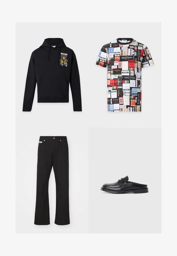 Sweat à capuche noir avec poche avant et cordons, avec un ours en peluche tenant un mètre ruban jaune et le texte "Moschino" sur la poitrine.; T-shirt Moschino à manches courtes avec des impressions de labels rectangulaires multicolores présentant le nom de la marque et du texte en différentes polices et tailles.; Pantalons en coton noir avec une coupe droite, dotés d'une fermeture à bouton à l'avant, de deux poches latérales et d'une petite étiquette de marque sur la taille.; Chaussure noire en cuir à enfiler avec un bout rond, un petit talon et des détails en tissage sur le dessus. Elle présente un style minimaliste et une texture lisse.