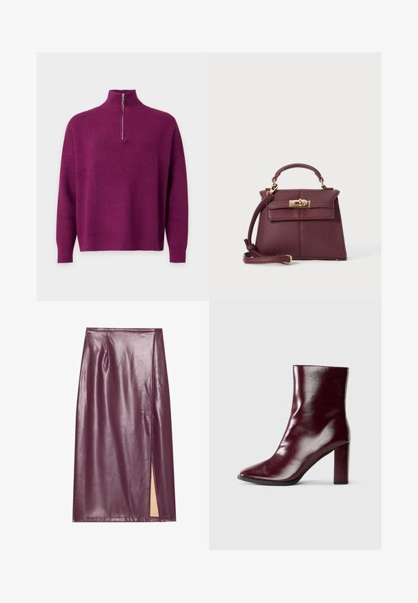 Lilla ribstrikket sweater med lange ærmer og en kort lynlås foran på en høj krave.; Bordeaux farvet faux læder blyantskirt med slidser i siden, glat tekstur og sømdetaljer, der har en tætsiddende silhuet og knælangt design.; Skinnende mørk bordeaux læderstøvle til midt på læggen med spids tå og blokeret høj hæl på neutral baggrund.; Bordeaux læder håndtaske med en struktureret form, aftagelig rem, top håndtag, guldfarvet hardware og lukning med klap foran.